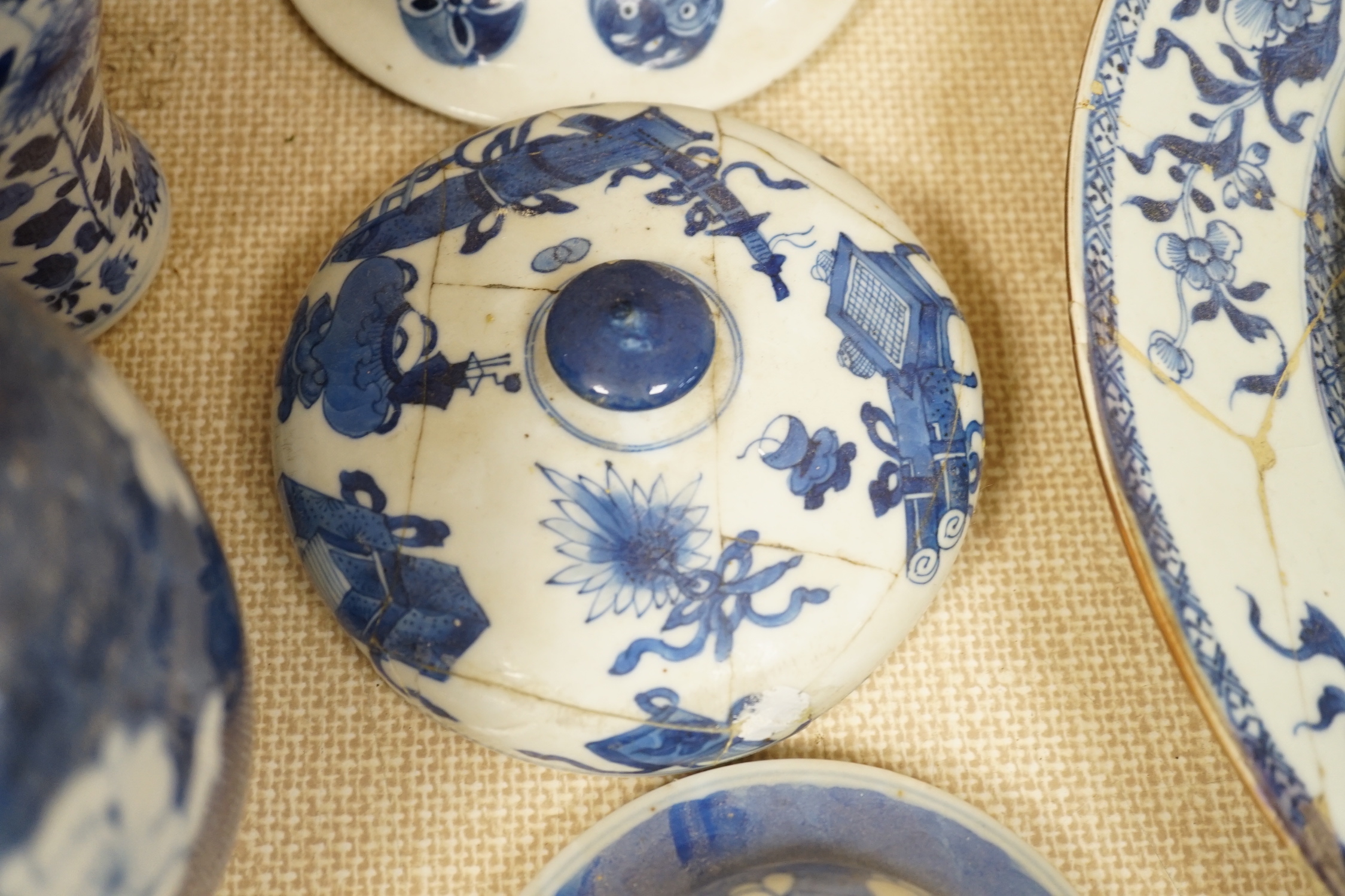 A large collection of Chinese blue and white export plates, a blanc de chine figure, two vases, a jar and five Japanese planters, jar 24cm high (a.f.)
